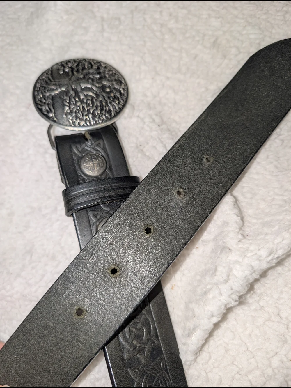 Lee River Black Leather Belt Men's LG 36/38 Tree of Life Metal Buckle Ireland